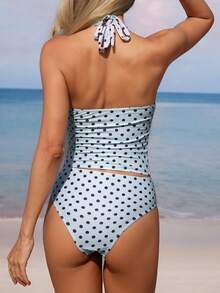 Swim Mod Top de bikini elegante con tirantes finos y encaje con estampado de lunares, pantalón de cintura alta estilizante para playa y vacaciones de estilo vintage - Multicolor - Ver 2
