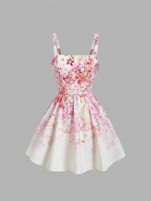 Skyraze Women's Floral Print Mini Camisole Dress,White And Pink Summer Modest A Line Sundress,Elegant Spaghetti Straps Picnic Holiday French Retro Dresses - Multicolor - View 5