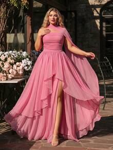 Glamrae Plus Size Women's Elegant Pink Summer Formal Prom Mesh & Organza Patchwork High Slit Ruffle Hem A-Line Dress,Weddings,Parties,Gala Dinners - Pink - View 1