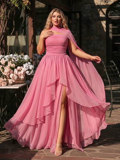 Glamrae Plus Size Women's Elegant Romantic Pink High-Stretch Mesh & Organza Patchwork High Slit Ruffle Hem A-Line Dress, Suitable For Weddings, Parties, Formal Events, Gala Dinners (Intricate Design)