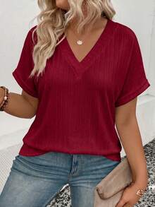 EMERY ROSE Women's Spring/Summer New Arrival Soft Knit Wide Ribbed V-Neck Short Sleeve Plus Size T-Shirt - Burgundy - View 3