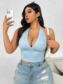 SHEIN EZwear Plus Size Women's Solid Color Deep V-Neck Fitted Sexy Fashion Halter Top - Baby Blue - View 3