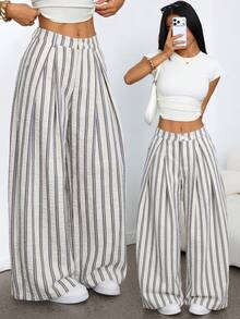 PETITE Pantalones anchos de verano con dobladillo curvo verde, estilo vintage, casual y para salir - Amarillo claro - Ver 5