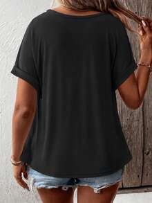 EMERY ROSE Plus Size Women's Lace Floral Knit T-Shirt, Suitable For Daily Commute And City Wear, Spring/Summer Date Night Black Elegant - Black - View 2
