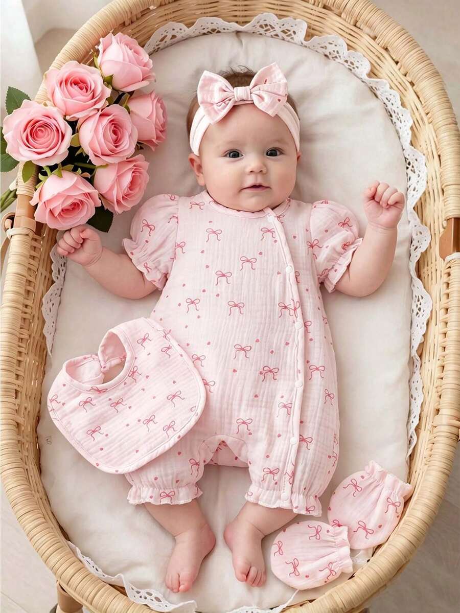 SHEIN 3件組女嬰可愛淡粉色穆斯林套裝 夏日荷葉邊按扣連身褲 頭飾 & 圍兜 甜美蝴蝶結印花 柔軟棉質 嬰兒洗禮禮物 0-12個月