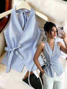 Selianne Camiseta sin mangas de mujer con cuello francés de corbata azul a rayas, decoración de botones cruzados delanteros, estilo elegante de vacaciones - Azul - Ver 8