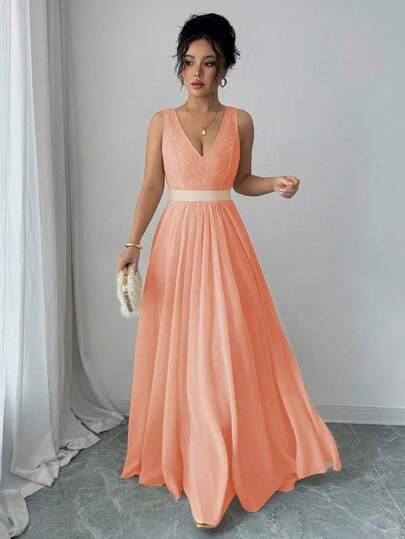 Elenzga Đầm maxi dự tiệc không tay cổ chữ V, eo thon, dáng chữ A, thanh lịch và lãng mạn dành cho nữ.