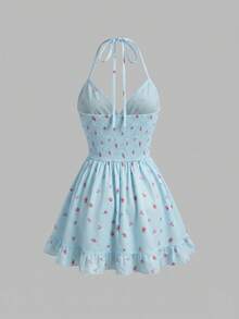 Sunnyshic Ditsy Floral Pleated Cinched Waist Neck Ruffle Hem Mini Dress - Multicolor - View 6