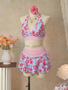 Bellisia 26SS Orange Halter Neck Triangle Bikini Top With Matching Skirt 3 Pieces Set, Beach/Resort Wear - Multicolor - View 3