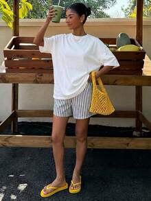 Women's Casual Summer T-Shirt, 100% Cotton; Women's Oversized White Casual Summer T-Shirt, 34% Cotton; Tropical Fruit And Coconut Tree Print; Loose Fit - 白色 - 查看 6