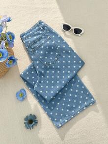 SHEIN Tall Quần jeans ống rộng cạp cao in chấm bi dành cho nữ, kiểu dáng thường ngày và phù hợp cho phong cách đường phố mùa hè. - Rửa nhẹ - Xem 2