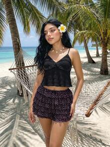 Sweetina Quần short nữ cạp thấp, họa tiết chấm bi, viền bèo nhún, kiểu dáng thường ngày. - Hồng - Xem 3