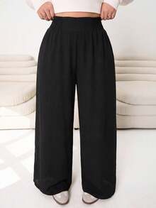 SHEIN CURVE+ Pantalones anchos de pierna ancha con cordón en la cintura, unicolor, talla grande para mujer - Negro - Ver 6