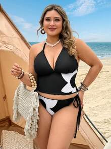 Swim Lushoire 206 New White Plus Size Tankini Set Vacation Summer - Black and White - View 4