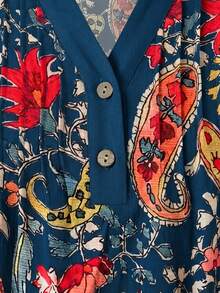 Linhara Plus Size Women's Vintage Textured Striped Paisley Print V-Neck Cap Sleeve Pleated Loose Contrast Color Collar Casual Blouse, Suitable For Spring And Summer, Versatile - Multicolor - View 4