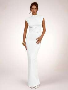 SHEIN BAE Apricot Asymmetric Ruched Bodycon Dress, Minimalist Elegant Long Dress For Spring & Summer - White - View 7