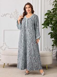 Al Najma Casual Allover Print Pleated Decor Long Sleeve Loose Regular Spring/Autumn Plus Size Women Arabic Dress - Multicolor - View 6