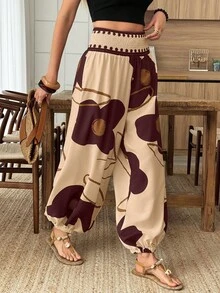 EMERY ROSE Celana Panjang Wanita Model Lentera dengan Pinggang Elastis untuk Liburan Musim Semi/Panas, Celana Kasual Motif Bunga untuk Liburan, Modis untuk Pakaian Musim Panas - MultiWarna - View 3