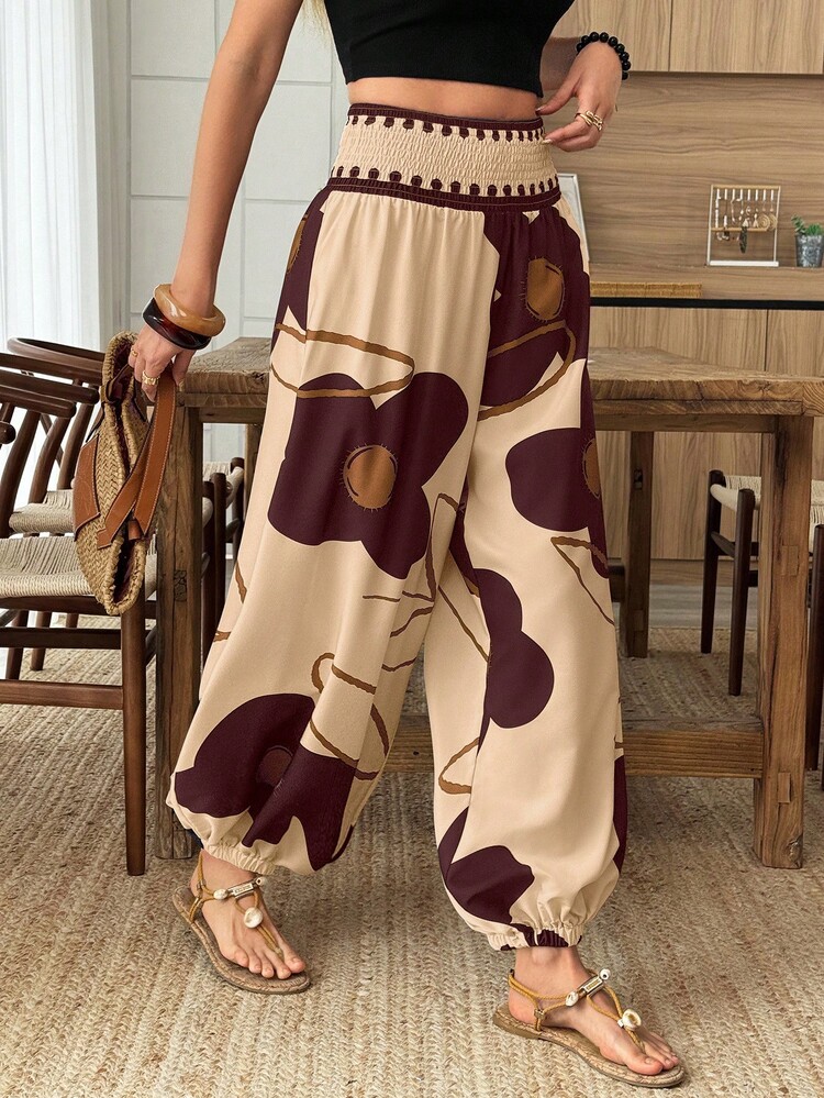 Louniche Quần lồng đèn nữ lưng thun cho kỳ nghỉ xuân/hè, quần thường ngày họa tiết hoa, thời trang cho mùa hè - Nhiều màu - Xem 3