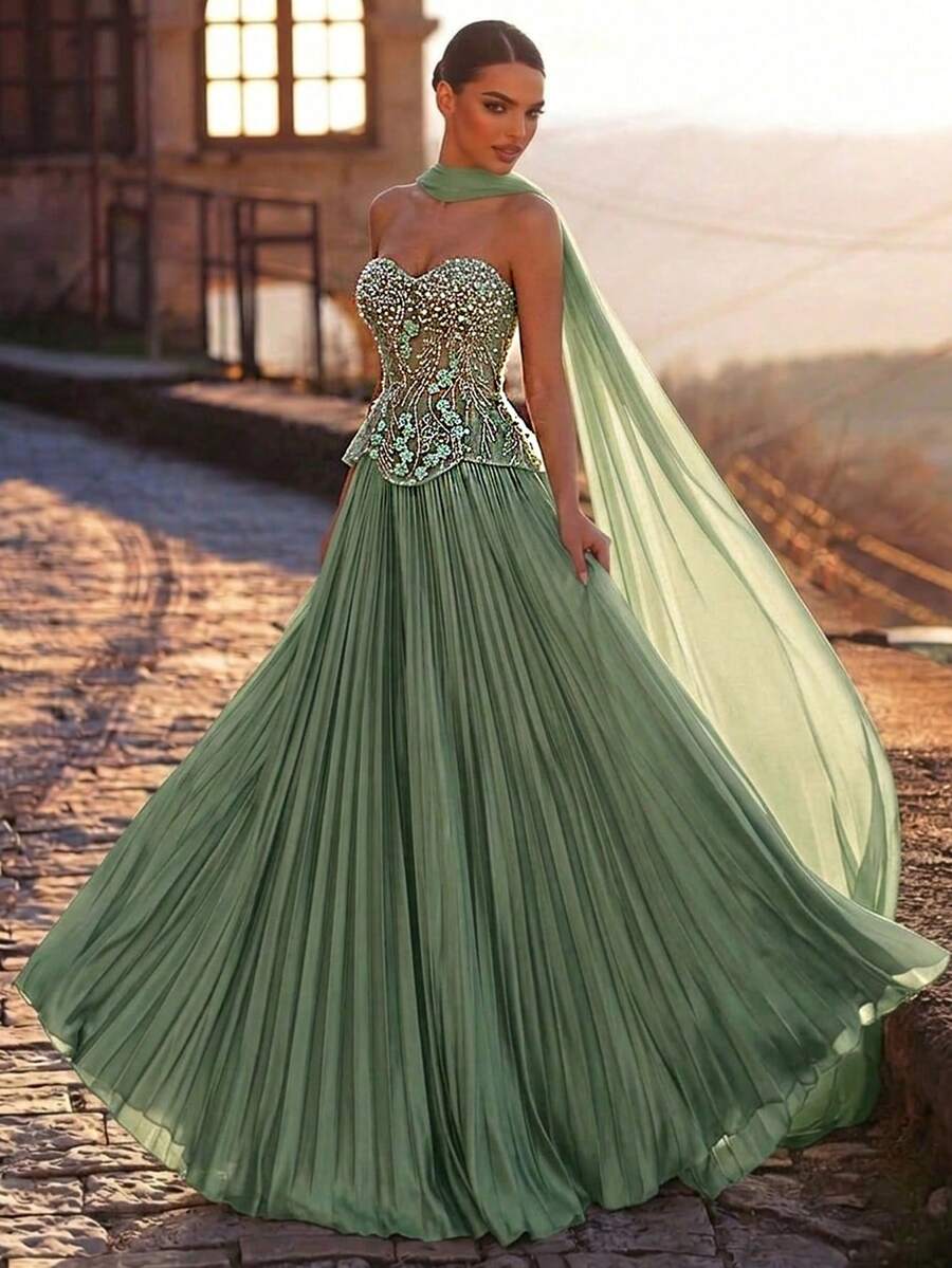 Glamrae Đầm chiffon cao cấp, sang trọng, thanh lịch, đính sequin, thiết kế cúp ngực, eo thấp, chân váy rộng, khăn choàng rời với tay áo dài loe rộng, thêu hạt cườm thủ công, dây buộc điều chỉnh, phù hợp cho mọi dịp trang trọng, đầm dạ hội trang trọng. - màu xanh lá - Xem 1