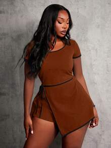 Radiana Women's Brown Short Sleeve Sports Set With Contrast Trim And Wrap Detail Skort For Active Wear - Brown - View 7