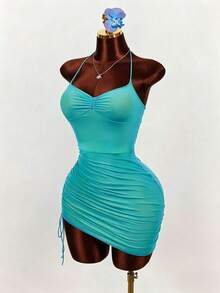 Mistrie Vestido mini ajustado con cuello halter de malla transparente azul con escote de corazón y drapeado, vestido de playa y salida para mujeres, nuevo para el verano de 2026 - Multicolor - Ver 5