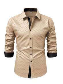 Manfinity Mode Men's Geometric Diamond-Textured Casual Shirt,Khaki,Autumn,Safari,Office Business Style Long Sleeve Button Placket Collar Shirts - Apricot - View 4