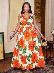 SOLERSUN Women's Plus Size Simple Everyday All Over Print Deep-V Neck Sleeveless Long Dress (Random Printing) - Coral Orange - View 3