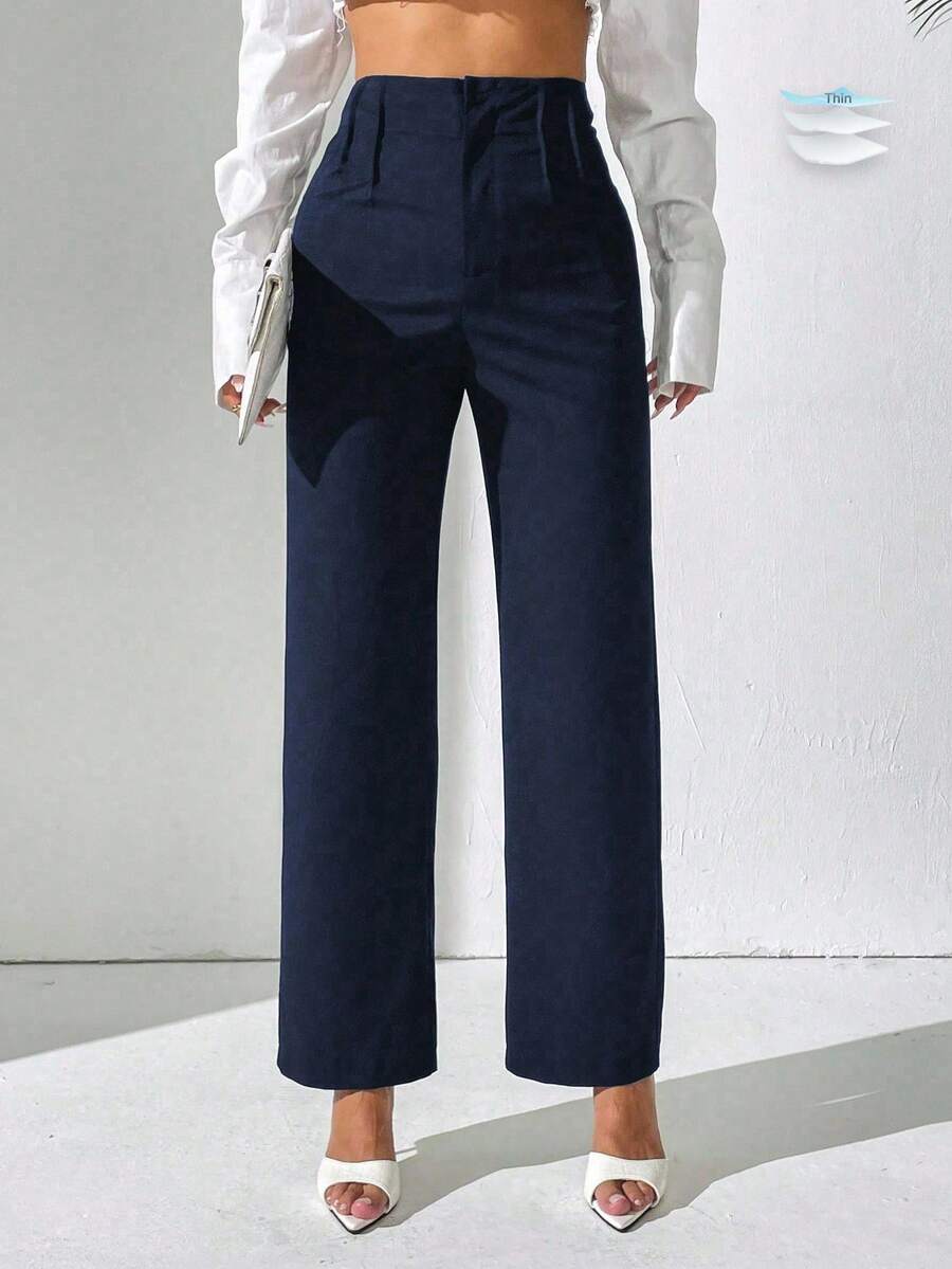 SHEIN PETITE Ladies" Solid Color Casual Daily Wear Straight-Legged Pants Fall Cloth For Women - Navy Blue - View 1