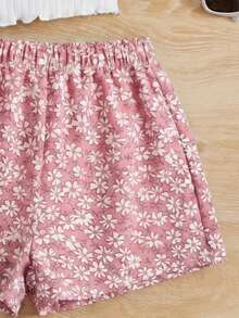 SHEIN 女童夏季休闲度假通勤纯色罗纹荷叶边短袖T恤和碎花短裤套装 - 粉色 - 查看 3