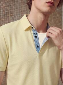 HypeHours 男士字母刺绣细节领 Polo 衫，适合工作 - 黃色 - 查看 5