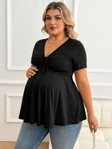 Plussiva Blusa casual de talla grande de unicolor con cuello en V y manga corta anudada - Negro - Ver 4