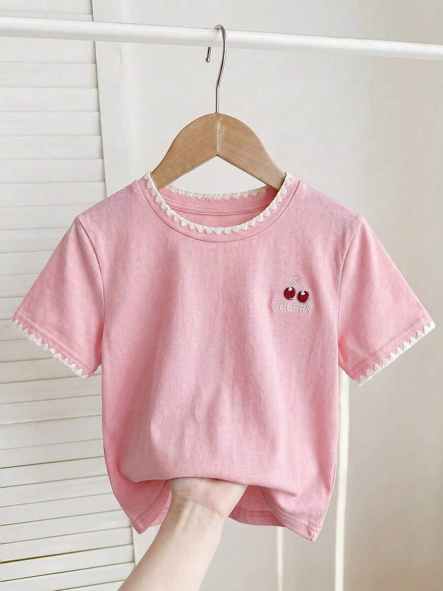SHEIN 可爱3D蝴蝶结装饰粉色T恤,适合少女,休闲百搭,日常穿着 - 粉色 - 查看 1