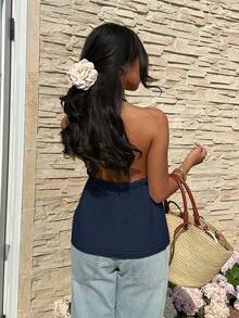 Serisse Women's Textured Sexy Ruffle Halter Neck Camisole Beach Vacation Navy Blue Summer - Navy Blue - View 6