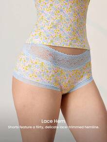 LUVLETTE Bộ đồ ngủ nữ bằng cotton mềm mại, ấm áp, in họa tiết hoa nhí và ren tinh tế, thích hợp mặc hàng ngày. - Màu xanh lam - Xem 6