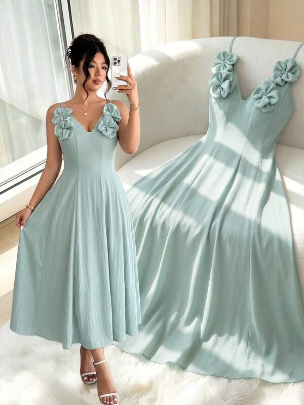 Elenzga Vestido de línea A con decoración floral, cuello en V y hombros con lazo para mujer de talla grande, con un estilo suave y refrescante para citas y vacaciones