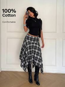 SHEIN Tall CURVE Plus Size Summer Casual Plaid Asymmetric Hem Skirt - Black and White - View 5