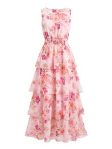 Vestido de falda larga y elegante para mujer, vestido de diosa con cuello en V y cintura elástica, adecuado para banquetes y fiestas en otoño/invierno, color marrón - Rosa Pálido - Ver 3