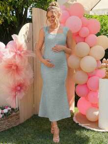 Loomaby Vestido elegante sin mangas con dobladillo de cola de pez de unicolor para maternidad - Gris - Ver 7
