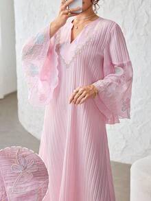 Yasmyna Elegant Floral Embroidered Textured 3/4 Sleeve Flared Dress, Suitable For Dates - Pink - View 9