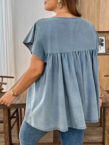 SHEIN CURVE+ Áo sơ mi nữ cỡ lớn đã qua xử lý, áo sơ mi thêu, áo sơ mi nữ thường ngày tay bèo, áo kiểu thường ngày mùa xuân hè, áo đi nghỉ mát cho nữ, áo mùa hè. - Màu xanh lam - Xem 10