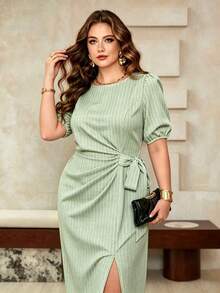 Roveilla Plus Size French Polka Dot Ruffle Tie Waist Split Hem Casual Dress, Spring/Summer - Green - View 4