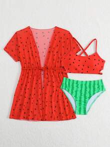 SHEIN Tween Girls 3 PiecesWatermelon Print Bikini Set,Knit Fabric Short Sleeve Rash Guard,Red,Summer,Cute,Beach,Holiday,Fashionable & Elegant,Swimming,Pool - Multicolor - View 4