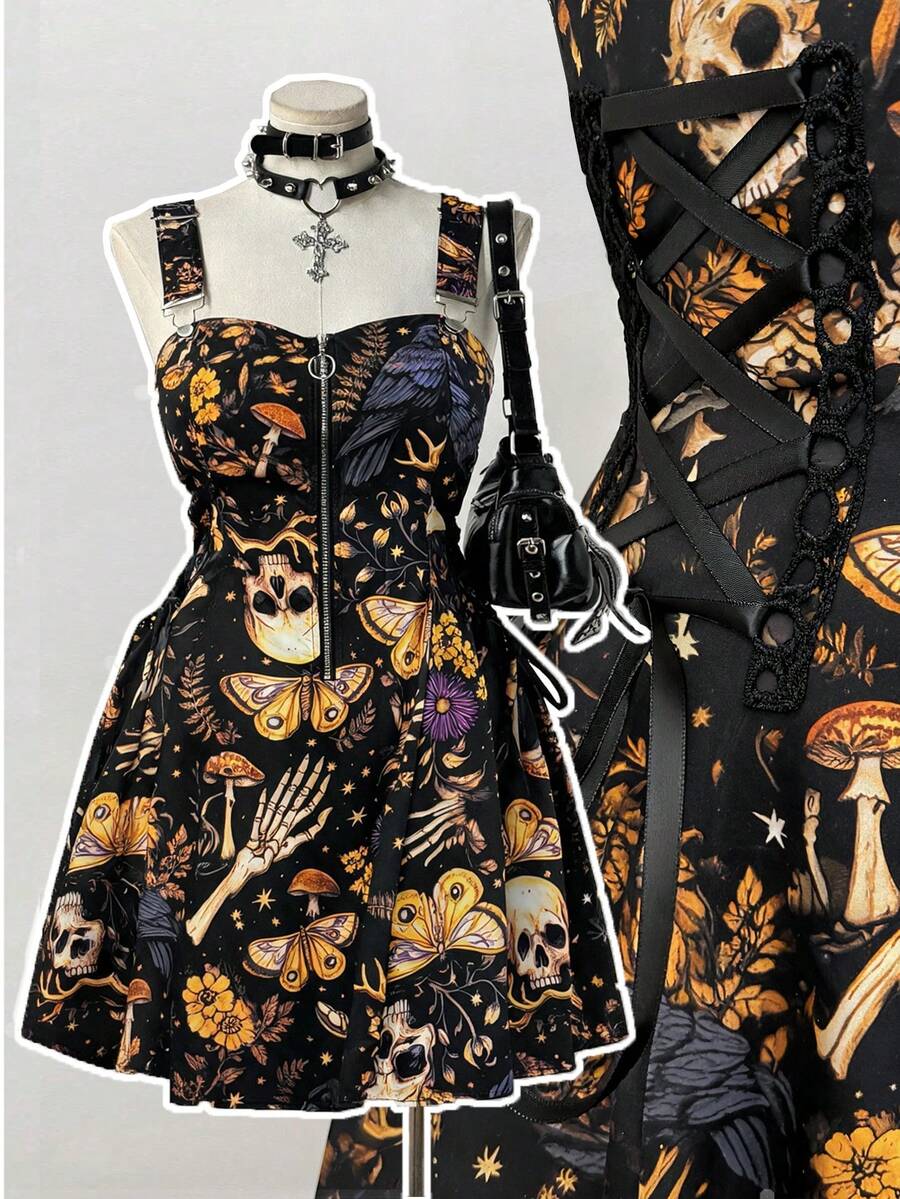 Sunspun Western Style Gothic Versatile Holiday Dreamlike Printed Patchwork Ruffle Tie-Up Waist Slip Dress With Front Zipper Decor Mini Skirt For Women - Multicolor - View 1