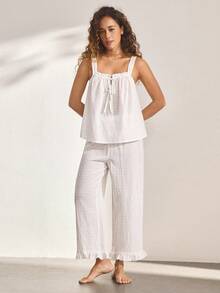 Ocili Bộ đồ ngủ nữ thoải mái, chất liệu cotton trắng, thêu họa tiết, khoét lỗ, xếp ly, buộc dây, viền ren. - trắng - Xem 3
