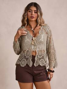 Freevana Plus Size Women Vacation Hollow Out Knitted Cardigan Fall - Khaki - View 5