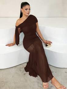 Dayanna Comas 女款時尚通勤純色不對稱領洋裝，婚禮賓客禮服，情人節女裝，優雅夏季穿搭 - 咖啡棕 - 查看 1