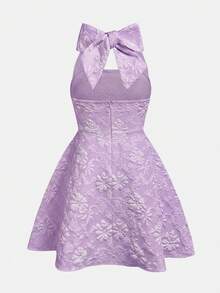 Girlism Gaun Elegan Jacquard Putih Model Halter dengan Pita untuk Remaja Perempuan - Purple - View 2