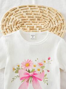 SHEIN 2pcs Young Girl Knitted Solid Floral Pattern Casual T-Shirt And Floral Bell-Bottom Pants Set - Pink - View 8