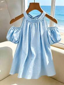 GlowEve CURVE Women's Plus Size Sky Blue Rose Print Cold-Shoulder Halter Top,Elegant Summer Puff Sleeve Loose Blouse,Sweet Tea Party Short Sleeve Yisikado Clothing - Blue - View 2